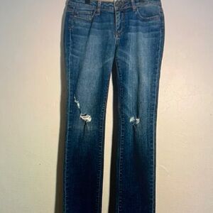 PAIGE Dark Blue Distressed Straight Leg Jeans